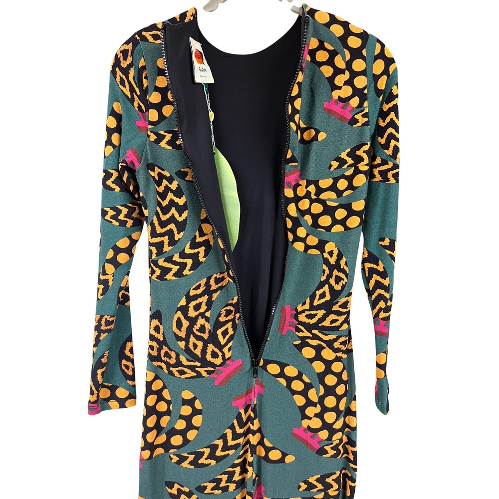 Farm Rio Teal Ethnic Banana Midi Dress Long Sleeve Leopard Print NWT Size Small - Picture 8 of 8